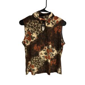 Susan Lawrence Womens Floral Animal Print Top Size Large Keyhole Boho Chic